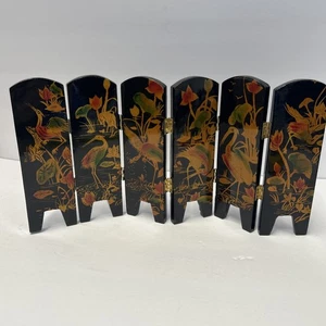Grúas chinas vintage de mesa oriental de laca negra con pantalla de 6 paneles raras - Imagen 1 de 4