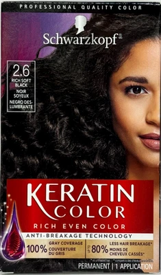 Schwarzkopf Keratin Color Tinte de cabello permanente 2.6 Rich Soft Black (2 paquetes) Foto 1 de 4