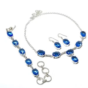 Tansanit Quarz Edelstein Halskette Set Handarbeit ovale Form Solitär Schmuck Set - Bild 1 von 9