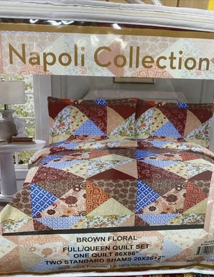 Vtg Quilt Set Brown Blue Floral Patchwork 86” FULL QUEEN 2 Shams Country Cottage - Image 1 of 4