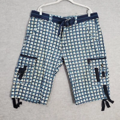 皇家男式短裤 38 蓝色格子货物拉链口袋腰带高腰 15 英寸内缝 — 第 1/4 张图片