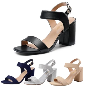 Women Ankle Strap Square Toe High Chunky Heel Wedding Dress Sandals Shoes - Picture 1 of 26