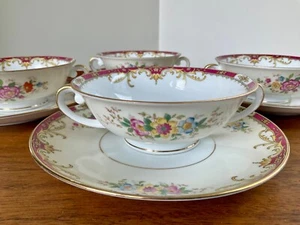 Czechoslovakia Cream Soup Bowls & Underplates ~ Set of 4 ~ Red Rim & Florals - Picture 1 of 14