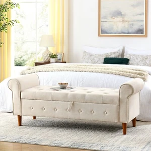62" Bedroom Storage Bench, Linen Upholstered Ottoman with Rolled Arm Design - Picture 1 of 12
