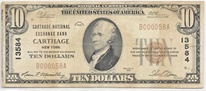 Carthage National Exchange Bank Carthage NY 1929 $10 T serie baja #58 - Imagen 1 de 2