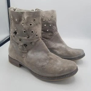 Khrio Leather Ankle Boot Size 37 US 7 Metal Grommets Piercings Tan Silver Boho - Picture 1 of 9