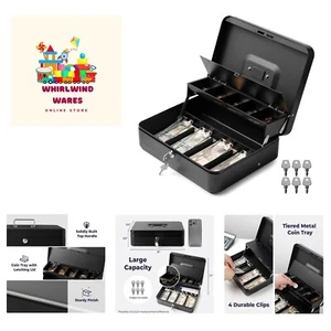 Large Cash Box with Key Lock, Metal Money Box for Cash, Portable Locking Safe... - Picture 1 of 8