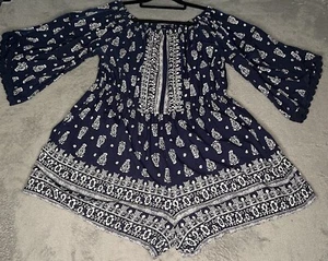 Angie Boho Romper Petal Sleeve Blue Elastic Neck & Waist Cotton 2X Festival 1F - Picture 1 of 15