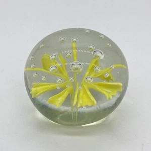Handmade Blown Art Glass Paperweight Sphere Yellow Flower Controlled Bubbles - Picture 1 of 7