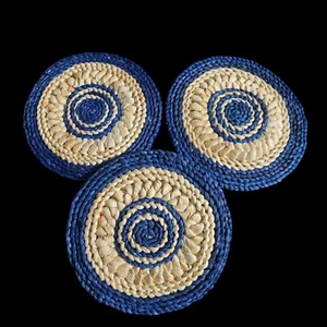 Wicker Seagrass Trivet Set of 3 Cream Blue And Color. New - Picture 1 of 1