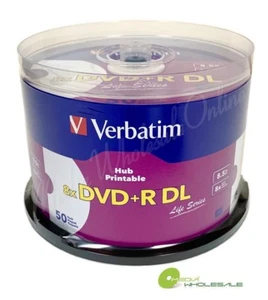 VERBATIM 8X Blank DVD+R DL Dual Double Layer 8.5GB 50pk White Inkjet Printable - Afbeelding 1 van 3