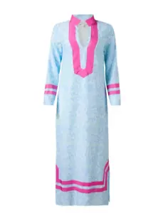Abito tunica Sail to Sable misto seta taglia M L $268 rosa blu midi caftano nuovo con etichette - Foto 1 di 5