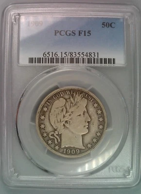 Полдоллара Барбера 1909 P - оценка PCGS F 15 - 90% серебра - Изображение 1 из 4