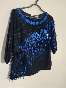 Vintage Oleg Cassini M Seide 80er Perlen Wasserfall blau große Pailletten Event Top - Bild 1 von 7