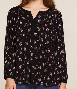 J.Jill Tunic Top Women's 2X Black Floral Popover Hi Lo Hem Long Sleeve V-Neck - Picture 1 of 12