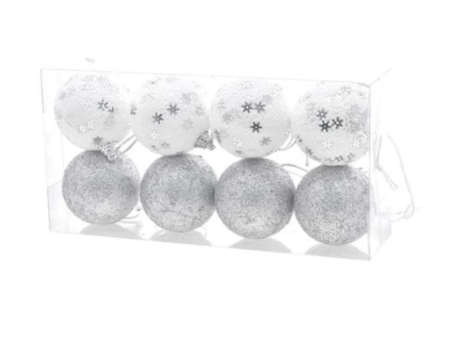 SFERE CON FIOCCHI 6cm ARGENTO/BIANCHE 8pz - Immagine 1 di 1