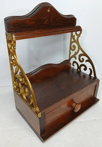 VINTAGE 1970'S WOOD WALL SHELF WITH BRASS METAL SCROLL WORK FREE SHIPPING - Picture 1 of 8