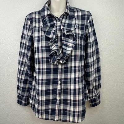 LRL Ralph Lauren Jeans Co. Womens Plaid Blue Ruffled LS Flannel Top Shirt Sz. M  - Image 1 of 4