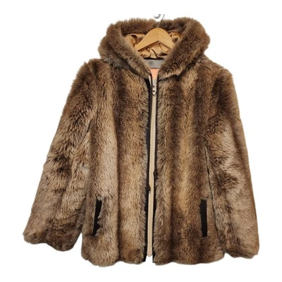 Vintage 70s Faux Fur Coat Hooded Womens Medium Talon Zip Leather Trim - Image 1 of 4