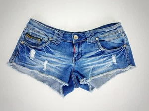 Y2K Almost Famous Low Rise Micro Denim Jean Shorts Junior Sz 5 Distressed Hem - Picture 1 of 6