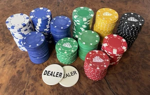 Poker Chips 180 Assorted Clay Composite W/Caddy Red Yellow Black Green Blue - Picture 1 of 8