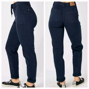 NUEVO CON ETIQUETAS Judy Azul Marino Jogger Jeans Prenda Teñida Puños Cintura Alta Talla 11/30 - Imagen 1 de 14