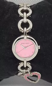 Ladies Nine West Elegant Round Silver Tone Pink Dial Heart Pedant Watch J6 - Picture 1 of 10