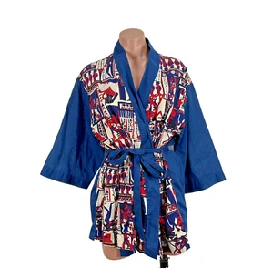 Vintage Montgomery Ward Smoking Jacket Belted Robe sz L Egyptian Print Short 70s - Picture 1 of 9