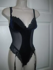 Ropa de dormir vintage para mujer peluche azul oscuro terciopelo y malla talla 34C nueva con etiquetas - Imagen 1 de 12