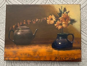 Charles Rosenthal Original Stillleben Ölgemälde TEEKANNE & BLUMEN - Bild 1 von 5