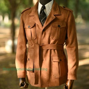 Mens Retro Multi Pockets Suede Safari Jacket Belted Hunting Coat Casual Outwear - Picture 1 of 28