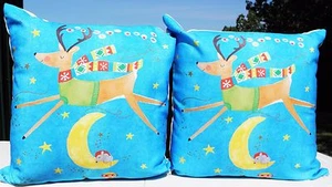 Christmas Pillows Set of 2 Blue Reindeer Pillows 15" X 15" Cushions NEW - Picture 1 of 5