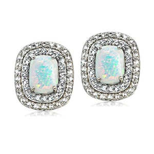 925 Silver Lab Created Opal with Blue & White Topaz Oval Stud Earrings - Picture 1 of 5