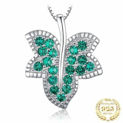 Damen Halskette Echt Silber 925 Blatt Anhänger Simulierte Nano Smaragd Stein Neu - Bild 1 von 4