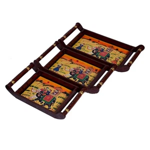 Hand painted Wooden Tray Set of 3, Mughal Art Decorative Tray Set Serving Tray - Picture 1 of 3