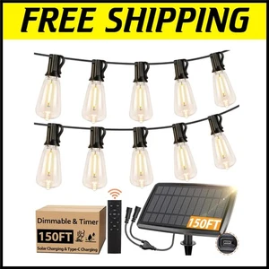 150FT Dimmable Solar String Lights with 52 Shatterproof Edison Bulbs & Remote - Picture 1 of 10