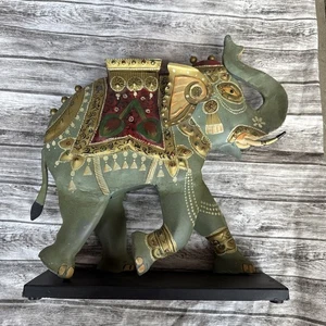 Figura di latta indiana di elefante policromo rampante con Howrah su supporto - Foto 1 di 8