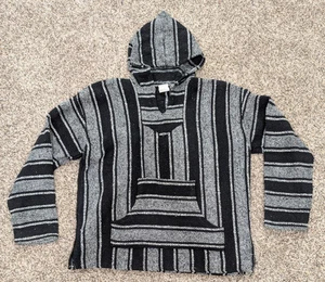 Baja Jacket Black Gray Striped Size XL Mexican Hoodie Surfer Pullover Hippie - Picture 1 of 6