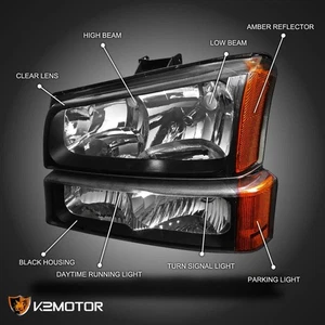 Fits 2003-2007 Chevy Silverado 2002-2006 Avalanche Black Headlights+Bumper Lamps - Picture 1 of 9