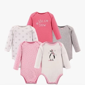 Hudson Baby Infant Girl Cotton Long-Sleeve Penguin 5 Pack Bodysuits 6-9 Months - Picture 1 of 2