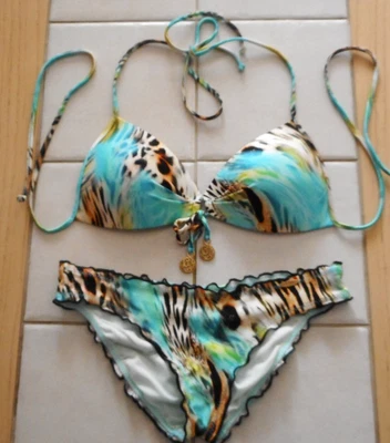 Luli Fama S Animal Print Blue/Brown Halter Bikini Top/ Ruched Booty Bottoms 2pc. - Image 1 of 4