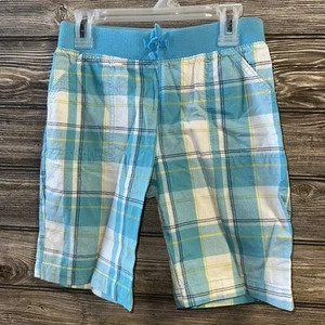 Faded glory girls L large 10–12 blue white plaid khaki shorts above the knee - Picture 1 of 3