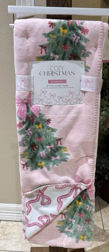 New Release Cozy Christmas Reversible Bow Pink Christmas Tree Throw Blanket - Image 1 of 1