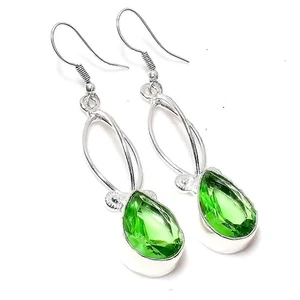 Green Amethyst Gemstone 925 Sterling Silver Handmade Dangle Earrings 1.6" - Picture 1 of 4