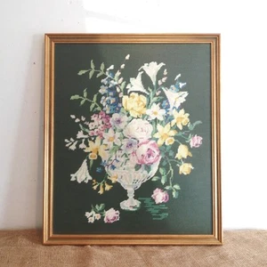 Vintage Gold Framed Large Needlepoint Embroidery Of Floral Still Life - Picture 1 of 9