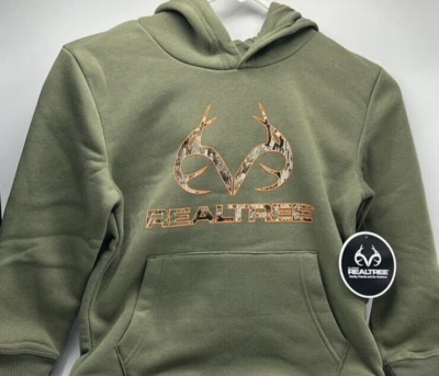 Boys Size XL (18/20) REALTREE Hoodie Green With Orange Camo Logo Kangaroo Pocket - Image 1 of 4