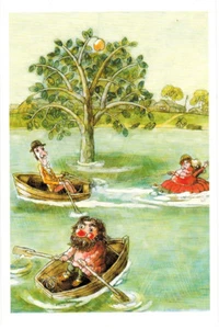 D.Trubin LAKE, PEOPLE AND TREE  Russian card to fairy tale "THE ORANGE"  - Picture 1 of 2
