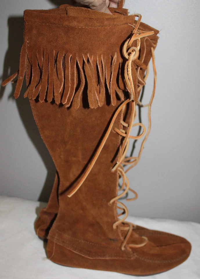 MOCASINES DE MUJER VINTAGE HECHOS A MANO EN EE. UU. GAMUZA CUERO CRUDO CON CORREAS TALLA 7 Foto 1 de 4