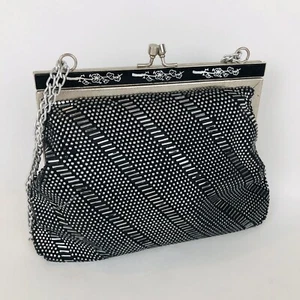 VTG Beaded Evening Clutch Purse Black Silver Chain Clasp Hand Made In Hong Kong - Bild 1 von 11