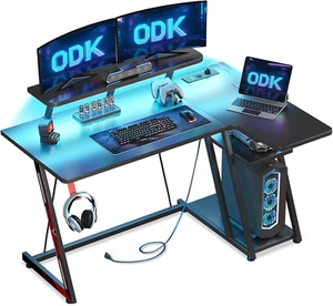 Gaming Tisch mit LED Beleuchtung & Steckdosen, Gaming Schreibtisch L Form mit Ab - Bild 1 von 8